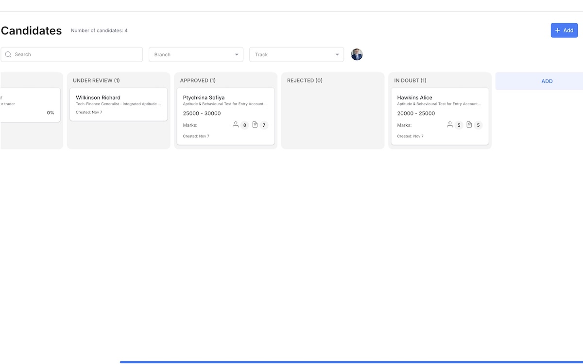 Bird’s‑eye candidate view with custom stages and salary bands