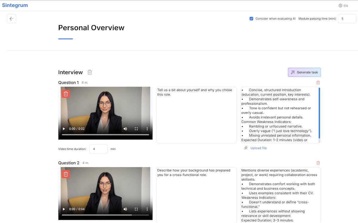 Custom interview builder with multiple test types