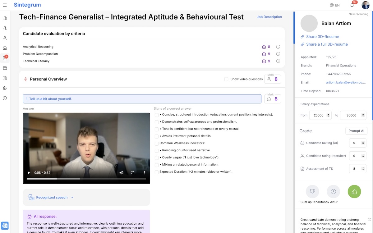 AI‑graded interview with video, MCQ, and written tasks