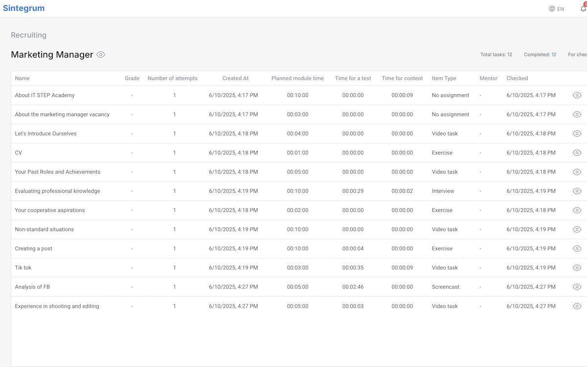 User attempt details view